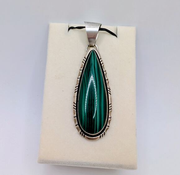 native american Jewelry - Vintage Navajo William G Johnson Malachite Sterling Silver Pendant